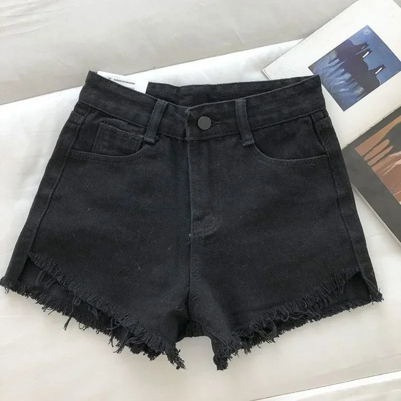 2025 New Summer Women High Wiast Raw Hem Denim Shorts Soild White Black Blue Korean Wide Leg Pants Mon Shorts  Jean Shorts